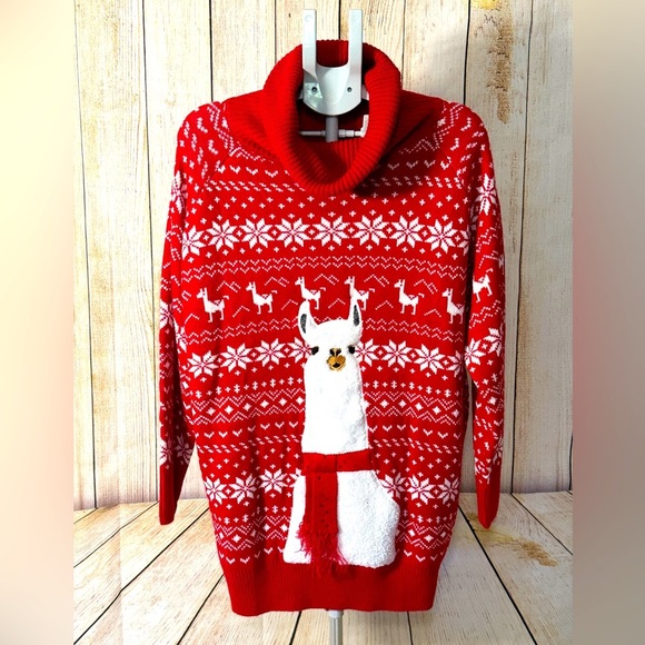 Alpaca Women Turtleneck Loose Print Christmas Long Sweater Dress with Pockets M - Picture 2 of 12